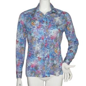 Shirt Accent VINTAGE Blouse, M, Blue/Multicolor floral, Dagger collar, buttons
